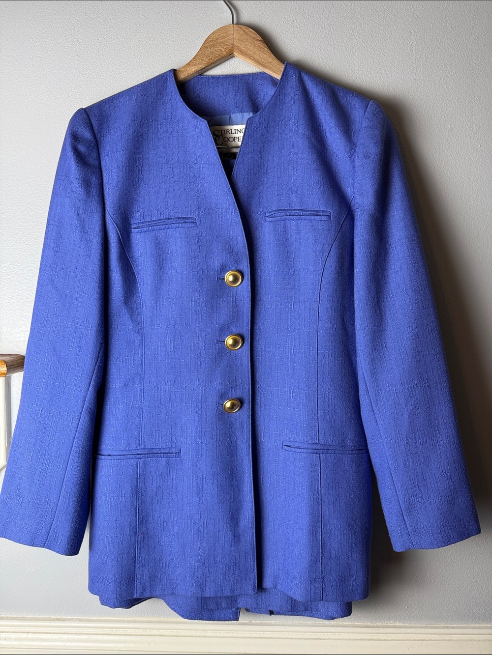 Tailored Cobalt Blue Collarless Blazer with Gold Buttons